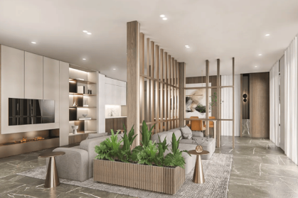 A rendering of the lobby at 375 Dean Street.